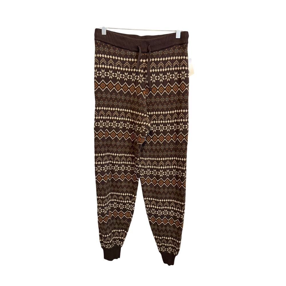 SUN + STONE Knit Joggers Small Brown Fair Isle Sweater Pants Winter Lounge Cozy